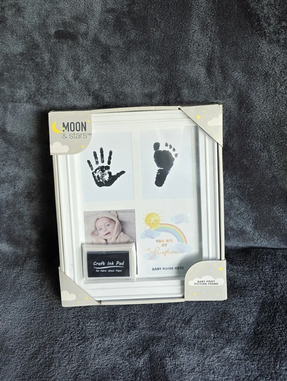 New Moon & Stars Baby Print Picture Frame Hand Foot Print & Photo Box w Ink Pad